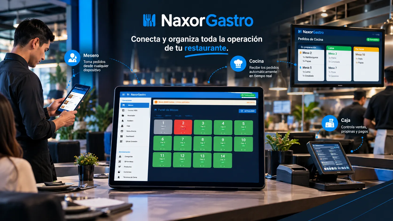 Panel de mesas y app de pedidos de Naxor Gastro en laptop y celular